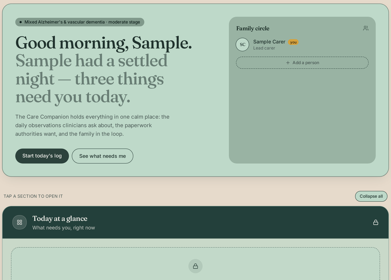 The Care Companion dashboard showing a daily greeting, the family circle and today's care sections